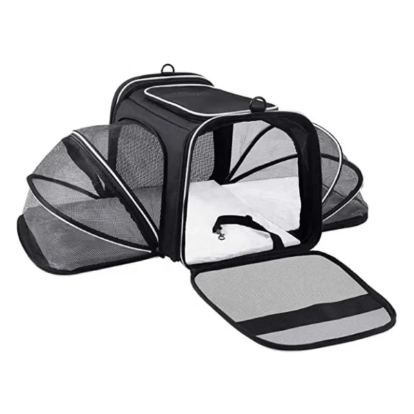 Bolso Transportador de Mascotas Plegable y Expandible en Poliéster y Malla - Espacioso y Ligero, Ideal para Viajes, con Tres Puertas de Acceso y Cintas Reflectantes, Disponible en Gris y Negro - Imagen 5