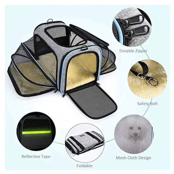 Bolso Transportador de Mascotas Plegable y Expandible en Poliéster y Malla - Espacioso y Ligero, Ideal para Viajes, con Tres Puertas de Acceso y Cintas Reflectantes, Disponible en Gris y Negro