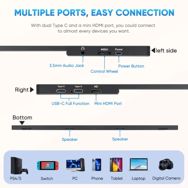 Monitor portátil de 18,5 pulgadas 1080P Monitores para portátil FHD HDR Plug Play USB-C HD Gaming IPS Pantalla externa de viaje para portátil. - Imagen 5