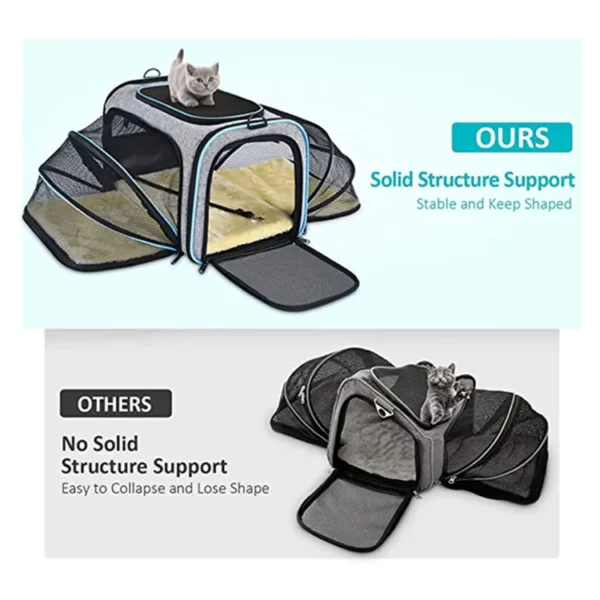 Bolso Transportador de Mascotas Plegable y Expandible en Poliéster y Malla - Espacioso y Ligero, Ideal para Viajes, con Tres Puertas de Acceso y Cintas Reflectantes, Disponible en Gris y Negro - Imagen 3